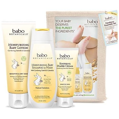  [아마존베스트]Babo Botanicals Newborn Essentials Set with Organic Calendula and Colloidal Oatmeal, Hypoallergenic, Perfect Baby Shower Gift - 3-Pack