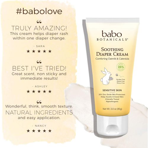  Babo Botanicals Soothing Baby Diaper Cream with Oatmilk and Calendula, Perservative and Mineral Oil Free, Vegan - 3 oz.