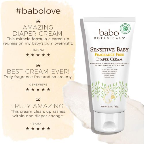  Babo Botanicals Sensitive Baby Zinc Diaper Cream With Colloidal Oatmeal, Shea and Cocoa Butter, Fragrance-Free - 3 oz.