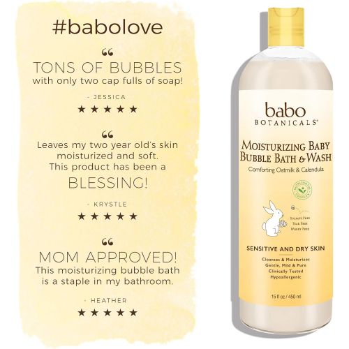  Babo Botanicals Moisturizing Baby 2-in-1 Bubble Bath & Wash with Natural Oatmilk and Organic Calendula, Plant Based, Hypoallergenic, Vegan - 15 oz.