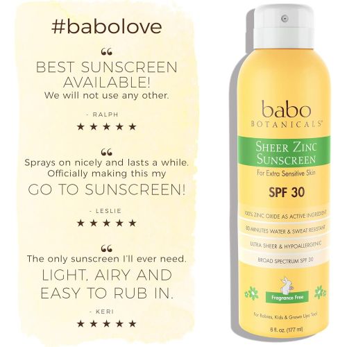  Babo Botanicals Sheer Zinc Continuous Spray Sunscreen SPF 30 with 100% Mineral Active, Non-Nano, Water-Resistant, Reef-Friendly, Fragrance-Free, Vegan, for Babies, Kids or Sensitiv