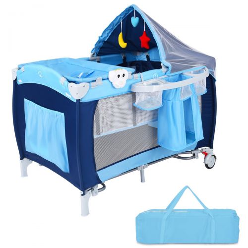  New Foldable Baby Crib Playpen Travel Infant Bassinet Bed Mosquito Net Music w Bag