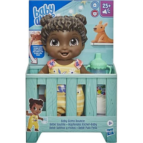  Baby Alive Baby Gotta Bounce Doll, Kangaroo Outfit, Bounces with 25+ SFX and Giggles, Drinks and Wets, Black Hair Toy for Kids Ages 3 and Up