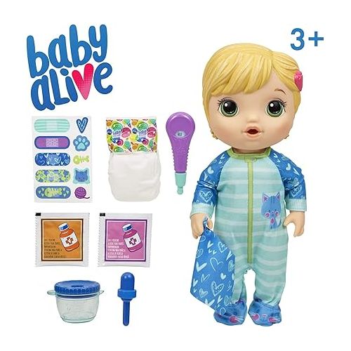  Baby Alive Mix My Medicine Baby Doll, Kitty-Cat Pajamas, Drinks and Wets, Doctor Accessories, Blonde Hair Toy for Kids Ages 3 and Up