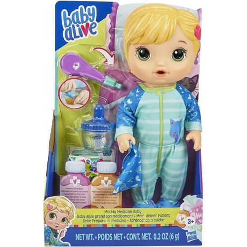  Baby Alive Mix My Medicine Baby Doll, Kitty-Cat Pajamas, Drinks and Wets, Doctor Accessories, Blonde Hair Toy for Kids Ages 3 and Up