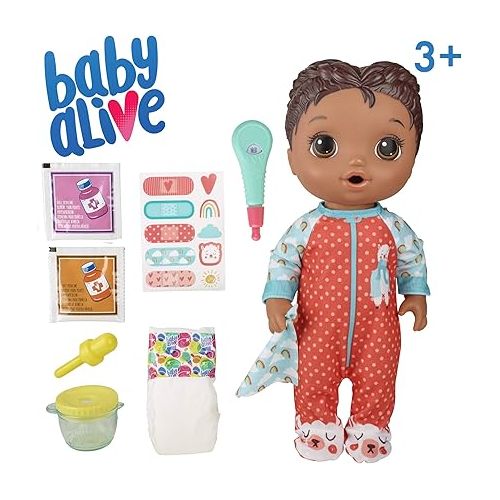  Baby Alive Mix My Medicine Baby Doll, Llama Pajamas, Drinks and Wets, Doctor Accessories, Black Hair Toy for Kids Ages 3 and Up