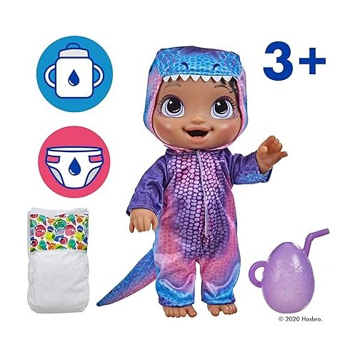  Baby Alive Dino Cuties Doll, Tyrannosaurus, Doll Accessories, Drinks, Wets, T-Rex Dinosaur Toy for Kids Ages 3 Years and Up, Black Hair