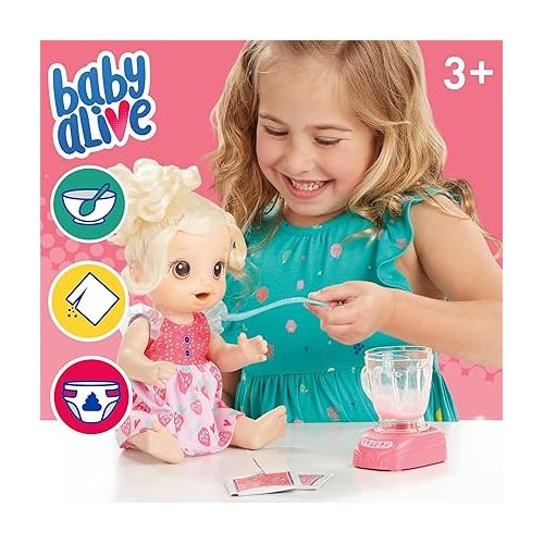  Baby Alive Magical Mixer Baby Doll, Strawberry Shake, Doll with Toy Blender, Baby Doll Set for Kids 3 and Up, Blonde Hair