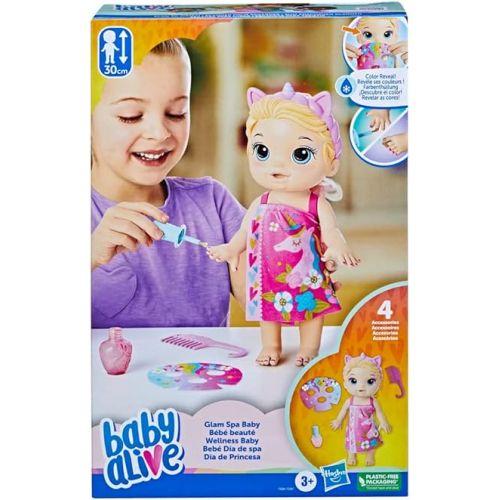  Baby Alive Glam Spa Baby Doll, Unicorn, Makeup Toy for Kids 3 and Up, Color Reveal Mani-Pedi and Makeup, 12.8-Inch Waterplay Doll, Blonde Hair