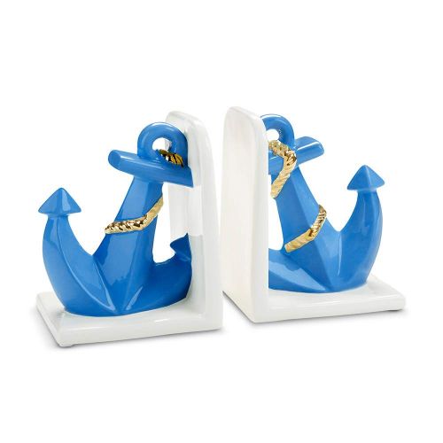  Baby Aspen Anchor Porcelain Nursery Bookends, White/Light Blue/Gold