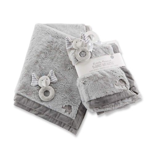  Baby Aspen Little Peanut Elephant Blanket and Rattle Set, Grey/White