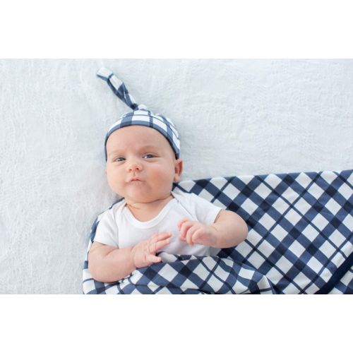  Baby Be Mine Newborn Baby Swaddle Blanket with Matching Knotted Hat, (Blue Gingham)