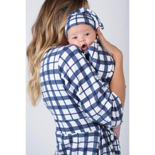  Baby Be Mine Newborn Baby Swaddle Blanket with Matching Knotted Hat, (Blue Gingham)