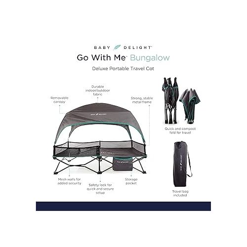  Baby Delight Go with Me Bungalow Deluxe Portable Cot, Toddler Travel Bed, Indoor and Outdoor, Sun Canopy, Grey & Teal