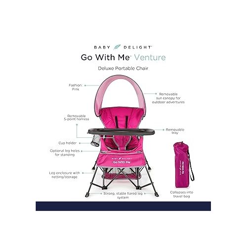  Baby Delight Go with Me Venture Portable Chair | Indoor and Outdoor | Sun Canopy | 3 Child Growth Stages | Pink