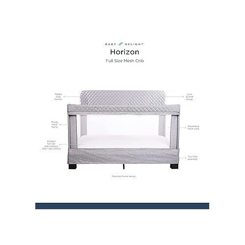  Baby Delight Horizon Full Size Crib, Breathable Mesh Walls, Tool-Free Assembly Baby Bed, Luxe Quilted Easy to Clean Fabric, Grey