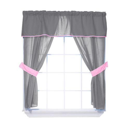  Baby Doll Bedding Solid Two Tone 5-Piece Window Valance Curtain Set, Grey/Pink