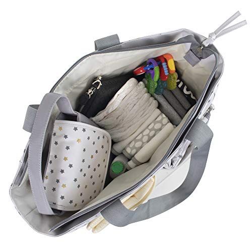  Baby Essentials Diaper Bag Tote 5 Piece Set with Sun, Moon, and Stars, Wipes Pocket, Dirty Diaper Pouch, Changing Pad (Grey/Cream)