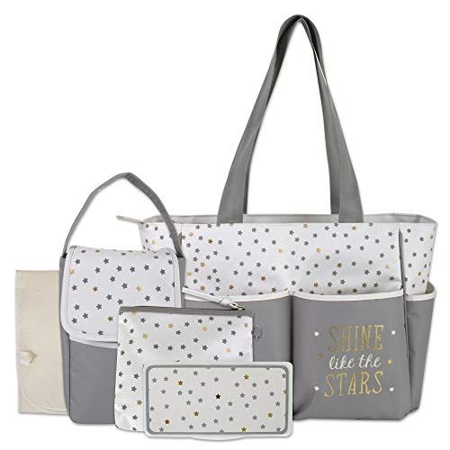  Baby Essentials Diaper Bag Tote 5 Piece Set with Sun, Moon, and Stars, Wipes Pocket, Dirty Diaper Pouch, Changing Pad (Grey/Cream)