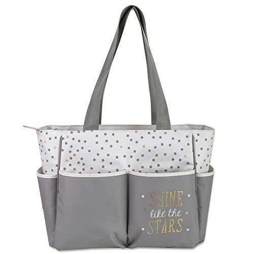  Baby Essentials Diaper Bag Tote 5 Piece Set with Sun, Moon, and Stars, Wipes Pocket, Dirty Diaper Pouch, Changing Pad (Grey/Cream)