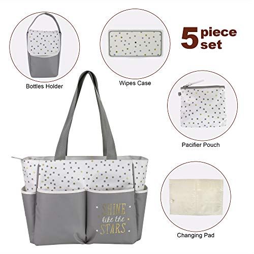  Baby Essentials Diaper Bag Tote 5 Piece Set with Sun, Moon, and Stars, Wipes Pocket, Dirty Diaper Pouch, Changing Pad (Grey/Cream)