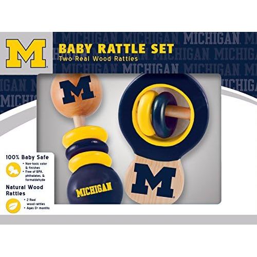  Baby Fanatic MasterPieces NCAA Michigan Wolverines, Natural Wood, Non-Toxic, BPA, Phthalates, & Formaldehyde Free, Baby Rattle, 2 Pack