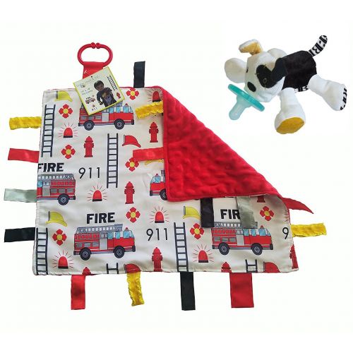  Baby Jack & Co and Wubbanub Lovey Baby Tag Minky Dot Blanket Bundle with Wubbanub Pacifier (Firetruck / Tic Tac Toby Dog)