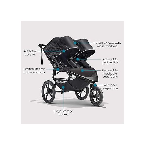  Baby Jogger Summit X3 Double Jogging Stroller, Midnight Black, Buggy for Two, Smooth Ride for Walking or Jogging, Compact Fold, Increased Airflow, All-Terrain Air Filled Tires and All-Wheel Suspension