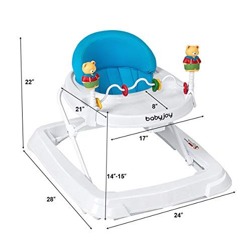  [아마존베스트]BABY JOY Baby Walker, Foldable Activity Walker Helper with Adjustable Height, Baby Activity Walker with High Back Padded Seat & Bear Toys, Blue