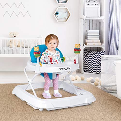  [아마존베스트]BABY JOY Baby Walker, Foldable Activity Walker Helper with Adjustable Height, Baby Activity Walker with High Back Padded Seat & Bear Toys, Blue