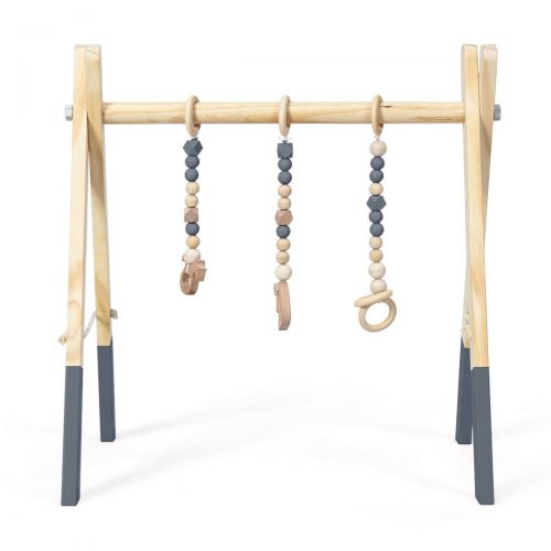  BABY JOY Portable Wooden Baby Gym, Foldable Baby Play Gym Frame with 3 Wooden Baby Teething Toys, Baby Exercise Activity Gym Hanging Bar Newborn Baby Gift (Gray)