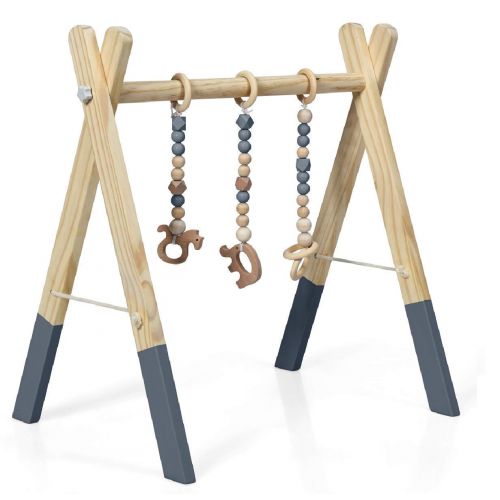  BABY JOY Portable Wooden Baby Gym, Foldable Baby Play Gym Frame with 3 Wooden Baby Teething Toys, Baby Exercise Activity Gym Hanging Bar Newborn Baby Gift (Gray)