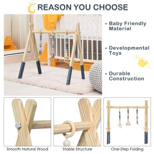  BABY JOY Portable Wooden Baby Gym, Foldable Baby Play Gym Frame with 3 Wooden Baby Teething Toys, Baby Exercise Activity Gym Hanging Bar Newborn Baby Gift (Gray)