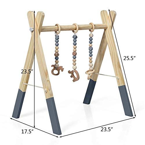  BABY JOY Portable Wooden Baby Gym, Foldable Baby Play Gym Frame with 3 Wooden Baby Teething Toys, Baby Exercise Activity Gym Hanging Bar Newborn Baby Gift (Gray)