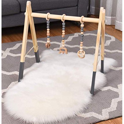  BABY JOY Portable Wooden Baby Gym, Foldable Baby Play Gym Frame with 3 Wooden Baby Teething Toys, Baby Exercise Activity Gym Hanging Bar Newborn Baby Gift (Gray)