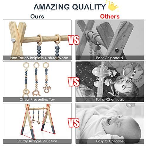  BABY JOY Portable Wooden Baby Gym, Foldable Baby Play Gym Frame with 3 Wooden Baby Teething Toys, Baby Exercise Activity Gym Hanging Bar Newborn Baby Gift (Gray)