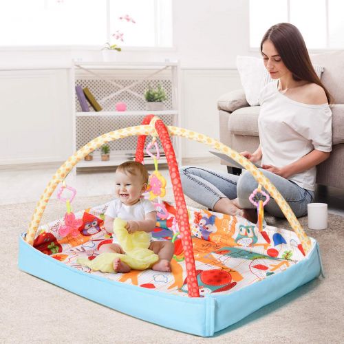  BABY JOY Baby Play Gym Mat, 3 in 1 Activity Mat with Removable Toys Bars & Walls, 5-Piece Hanging Toys Including Music & Trumpet Functions, Eco-Friendly Foldable Rectangular Mat