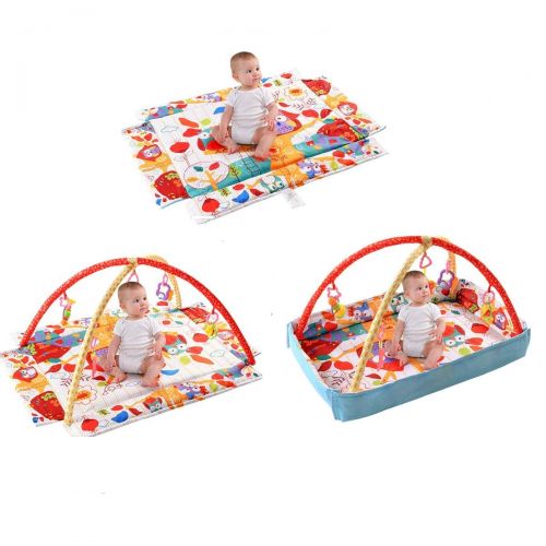  BABY JOY Baby Play Gym Mat, 3 in 1 Activity Mat with Removable Toys Bars & Walls, 5-Piece Hanging Toys Including Music & Trumpet Functions, Eco-Friendly Foldable Rectangular Mat