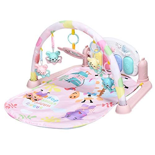  BABY JOY Baby Play Mat Explore Activity Musical Gym, Kick and Play Newborn Mat with Detachable Piano, Foot Gym Carpet Piano Fitness Rack, 4 Rattle Pendants and 1 Mirror, Ideal for