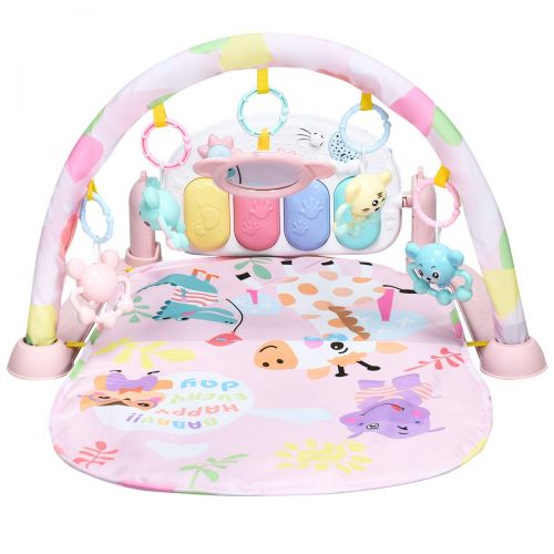  BABY JOY Baby Play Mat Explore Activity Musical Gym, Kick and Play Newborn Mat with Detachable Piano, Foot Gym Carpet Piano Fitness Rack, 4 Rattle Pendants and 1 Mirror, Ideal for
