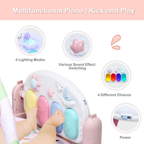  BABY JOY Baby Play Mat Explore Activity Musical Gym, Kick and Play Newborn Mat with Detachable Piano, Foot Gym Carpet Piano Fitness Rack, 4 Rattle Pendants and 1 Mirror, Ideal for