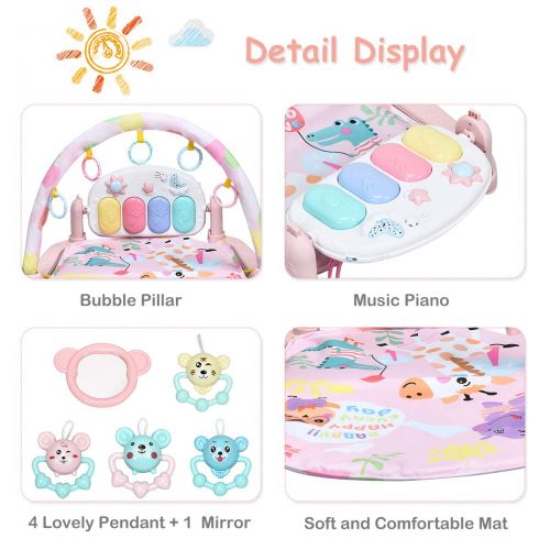  BABY JOY Baby Play Mat Explore Activity Musical Gym, Kick and Play Newborn Mat with Detachable Piano, Foot Gym Carpet Piano Fitness Rack, 4 Rattle Pendants and 1 Mirror, Ideal for