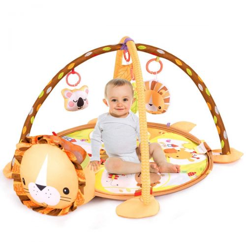  BABY JOY Cute Lion Theme Baby Play Gym Mat, 3 in 1 Baby Cognitive Exploration Activity Mat with Removable Toys Bars & Walls, 4-Piece Hanging Toys & 30-Piece Ball Pit (19.5 in)