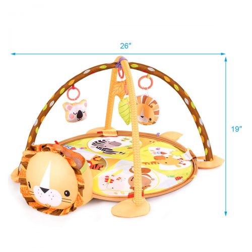  BABY JOY Cute Lion Theme Baby Play Gym Mat, 3 in 1 Baby Cognitive Exploration Activity Mat with Removable Toys Bars & Walls, 4-Piece Hanging Toys & 30-Piece Ball Pit (19.5 in)