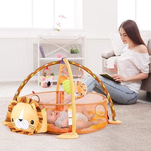  BABY JOY Cute Lion Theme Baby Play Gym Mat, 3 in 1 Baby Cognitive Exploration Activity Mat with Removable Toys Bars & Walls, 4-Piece Hanging Toys & 30-Piece Ball Pit (19.5 in)