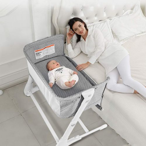  Baby JOY Baby Bassinet, Bedside Sleeper w/Wheels, Mattress & Cover, Straps, Mesh, 100lbs Weight Capacity, 8 Height Adjustable for Bed Sofa, Lightweight Bedside Bassinet for Baby Ne