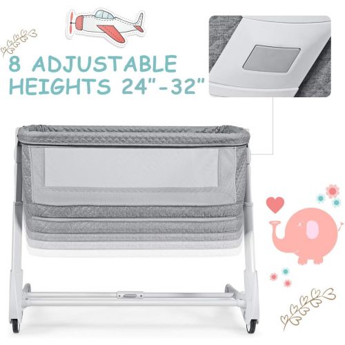  Baby JOY Baby Bassinet, Bedside Sleeper w/Wheels, Mattress & Cover, Straps, Mesh, 100lbs Weight Capacity, 8 Height Adjustable for Bed Sofa, Lightweight Bedside Bassinet for Baby Ne