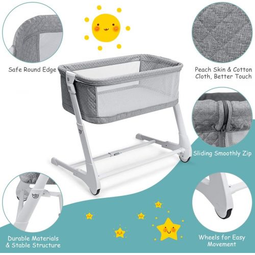  Baby JOY Baby Bassinet, Bedside Sleeper w/Wheels, Mattress & Cover, Straps, Mesh, 100lbs Weight Capacity, 8 Height Adjustable for Bed Sofa, Lightweight Bedside Bassinet for Baby Ne