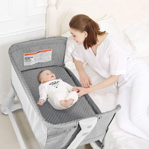  Baby JOY Baby Bassinet, Bedside Sleeper w/Wheels, Mattress & Cover, Straps, Mesh, 100lbs Weight Capacity, 8 Height Adjustable for Bed Sofa, Lightweight Bedside Bassinet for Baby Ne