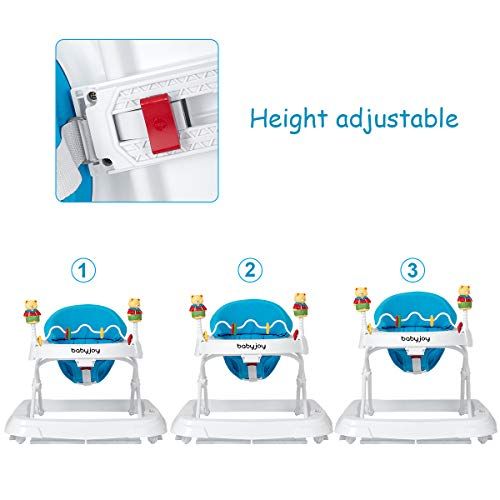  Baby JOY Baby Walker, Foldable Activity Walker Helper with Adjustable Height, Baby Activity Walker with High Back Padded Seat & Bear Toys, Blue